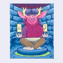 Colorful painting of an anthropomorphic jackalope sitting in a stone room with its legs crossed. 2 cards levitate over its hands.