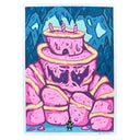 Colorful illustration of a pink cake monster with candles, sitting down in a blue cave setting with a tiny figure standing at the base of it.