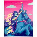 Surreal artwork of a skeleton riding a horse with a pink sky and purple mountains in the background. Flames come off of the horse's mane and the skeleton's cloak.