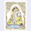 A stylized fantasy illustration on a white paper of a woman in a flowing white dress standing on a grassy hill beside water, with a lion, wolf, small boat, and a tower-like structure in the background, all framed by leafy vines and stars.