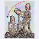 Abstract artwork of three figures with geometric patterns and red eyes on a colorful background