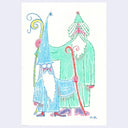 Colored pencil illustration of 2 wizards, one short with a very tall hat and the other tall with a very short hat.