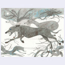 A stylized illustration of three grey hound dogs running through a snowy landscape with bare, twisted trees. The artwork uses shades of gray, white, and light blue, with a small blue eye detail on the front dog.