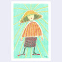 Colored pencil illustration of a woman wearing a poncho, striped skirt, green stockings and red shoes. On her head is a yellow lampshade.