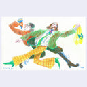 Colorful illustration of 2 men, dressed colorfully. One holds a grocery bag and the other holds a flashlight.