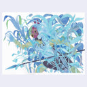 A colorful watercolor and ink illustration of a masked woman partially hidden among stylized blue leaves and stems, running through the foliage while carrying a spear.