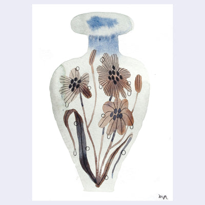 Watercolor painting of a light gray vase with a design of 3 brown flowers with leaves and 2 flower buds.