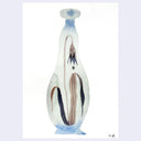 Watercolor painting of a skinny and tall light gray vase with a single flower design on it with wilting leaves.