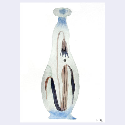 Watercolor painting of a skinny and tall light gray vase with a single flower design on it with wilting leaves.