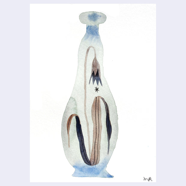 Watercolor painting of a skinny and tall light gray vase with a single flower design on it with wilting leaves.