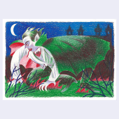 Illustration of a vampire wearing a green cape, crouched over onto grass outdoors at night. A large castle can be seen in the background.
