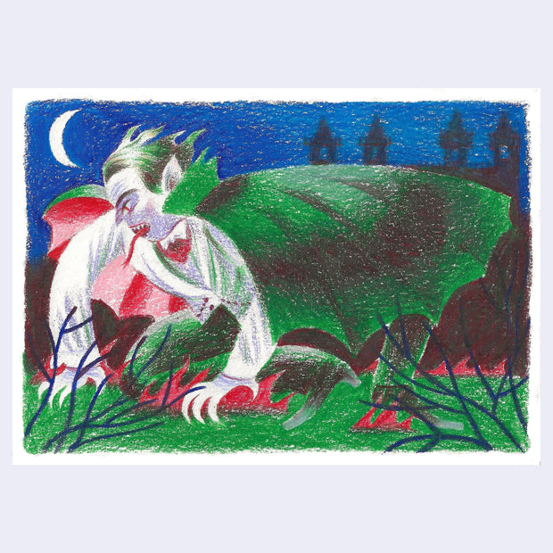 Illustration of a vampire wearing a green cape, crouched over onto grass outdoors at night. A large castle can be seen in the background.