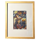 A framed artwork featuring a whimsical illustration of a girl in a witch hat holding a black cat, surrounded by autumn and Halloween elements, set in a light wood frame with a white mat.