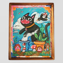 Colorful illustration of a black cat, surrounded by mushrooms and small houses on a wooden frame.