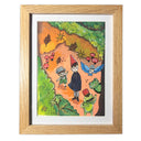 A framed whimsical artwork depicting a fairy tale scene of 2 boys walking through a forest with mushrooms, a blue bird, and a green frog on an orange path under a tree, presented in a light oak wood frame with a white mat.