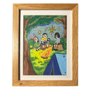 A framed whimsical illustration of three children camping under a tree at night, with a campfire, stars, and a blue tent. They sit around the campfire, playing instruments and making smores.