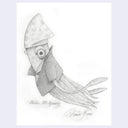 Softly rendered graphite illustration on off white paper of a squid, swimming and wearing a suit jacket.