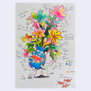 Ink drawing colored with fluorescent markers of a small white cartoon bunny, holding a very large bouquet of colorful flowers within a blue vase with a goldfish on it.