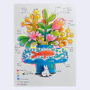 Ink drawing colored with fluorescent markers of a tiny white cartoon cat sitting at the base of a large blue and white vase, with a goldfish as the center design. A bouquet of many colorful, unique flowers is in the vase.