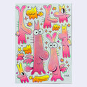 Ink drawing colored with fluorescent markers, of cartoon dragons with tiny wings, very long heads and tiny legs and bodies.