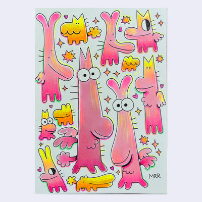 Ink drawing colored with fluorescent markers, of cartoon dragons with tiny wings, very long heads and tiny legs and bodies.