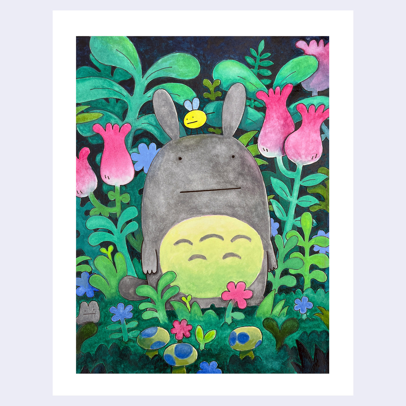 Illustration of a very stylized Totoro, with tiny dots for eyes, standing amongst colorful folliage.