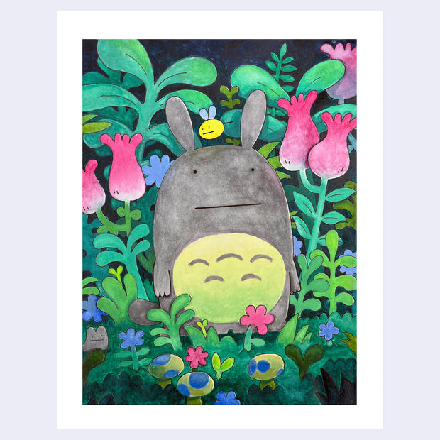 Illustration of a very stylized Totoro, with tiny dots for eyes, standing amongst colorful folliage.