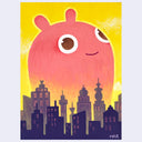 Illustration of a pink creature looming very largely with a cute, innocent smile over a city skyline on a yellow background