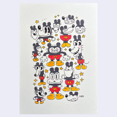 Many stylistic, small doodles of Mickey Mouse with various wonky faces and poses.