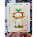 Colored pencil illustration of a mushroom cartoon character