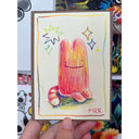 Colored pencil illustration of a red cartoon cat character.