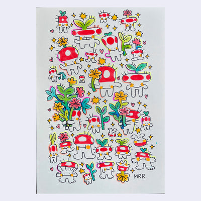 Many small doodles of red capped mushrooms, with tiny bodies or with thick legs and no body, holding various sprouts.