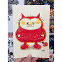 Cartoon style illustration of a red devil character, very chubby with yellow cheeks and a large nose.