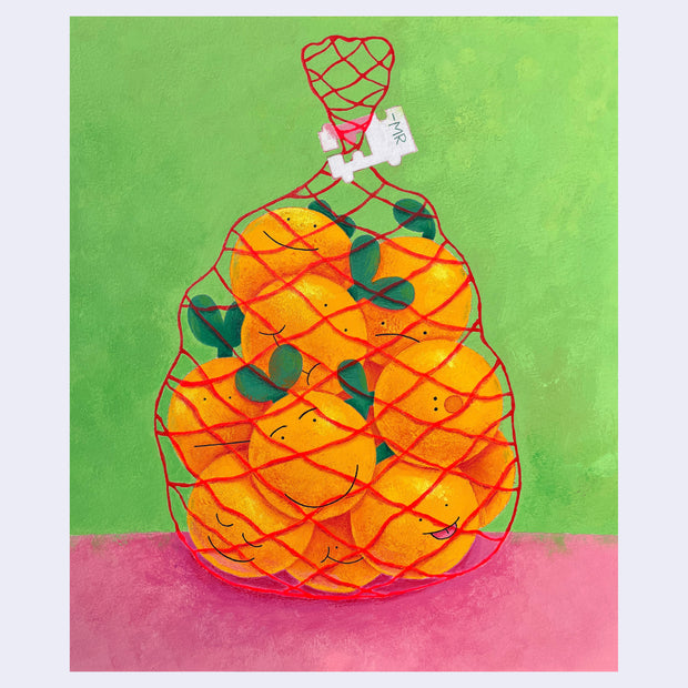 Illustration of a red mesh bag of oranges, all with green leaves and simple cartoon faces of varying expressions. The bag sits on a pink table with a green background.