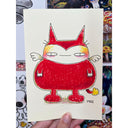 Cartoon style drawing of a red devil character.