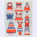 Art print of stylized dolls in red, blue, and orange on a light gray background