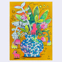 Illustration of a white vase with blue flowers as a pattern, holding a bouquet of many different leaves and flowers.