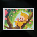 Painting on paper of a cute cartoon monkey, orange with a large head, resting on a tree branch with its arm behind its head and eating a peach. The tree has many more peaches on it.