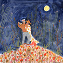 Painting of a couple dressed in a Western style in earth tones and cowboy hats, dancing together atop a hill of red and yellow flowers. Background is a starry night sky with line art drawings of cacti and desert foliage.