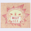 Illustration of a sun-like character holding a sign with 'MELT I.C.E.' on a pink background