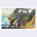 A colorful coastal landscape artwork showing a rocky cliffside with trees, grasses, and blue ocean water, presented on a light gray background.