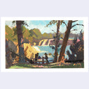 An impressionist landscape painting print featuring a river or lake scene with trees, hills, and a small figure near a cart, shown with a white border on a light gray background.