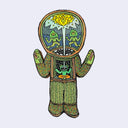 Illustration made with many lines, giving it the feel of a folk art woodcut on a die cut wood panel of a character wearing green knit clothing with a frog in its chest, sitting cross legged and exclaiming a geometric pattern, inside the head of the main character.