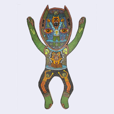 Illustration made with many lines, giving it the feel of a folk art woodcut on a die cut wood panel of a very large character with its arms and legs extended - with several scenes within its body of various monsters posing.