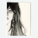 A black and white ink sketch of a woman's face in profile, featuring long hair and a prominent beaded earring, printed on a white card against a light gray background.