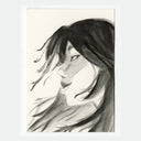 A black and white ink sketch of a woman's face with flowing hair, presented on a white card against a light gray background.