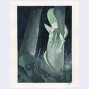 A surreal artwork depicting a tall, pale green humanoid figure with tentacle-like green hair and a snake tail. She is wrapped around a large tree trunk, as if slither down. She is among dark gray tree trunks and debris in a dark blue-gray setting.