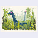 A whimsical artwork depicting two long-necked dinosaurs in a lush green prehistoric jungle, with small flying dinosaurs in the background, set against a light off-white paper texture.