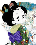 Illustration of a cartoon character wearing traditional Japanese clothing and hair accessories, looking back over their shoulder.