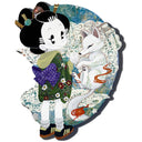 Illustration of a cartoon character wearing traditional Japanese clothing and hair accessories, with modern sneakers, looking back over their shoulder and standing next to a white fox on a decorative background.